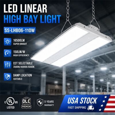 مصباح LED خطي عالي الارتفاع بقوة 300 واط، قابل للتحديد CCT والطاقة، 45000 لومن، مقاوم للتآكل WF1، معتمد من UL و DLC Premium للمستودعات والصالات الرياضية والمصانع